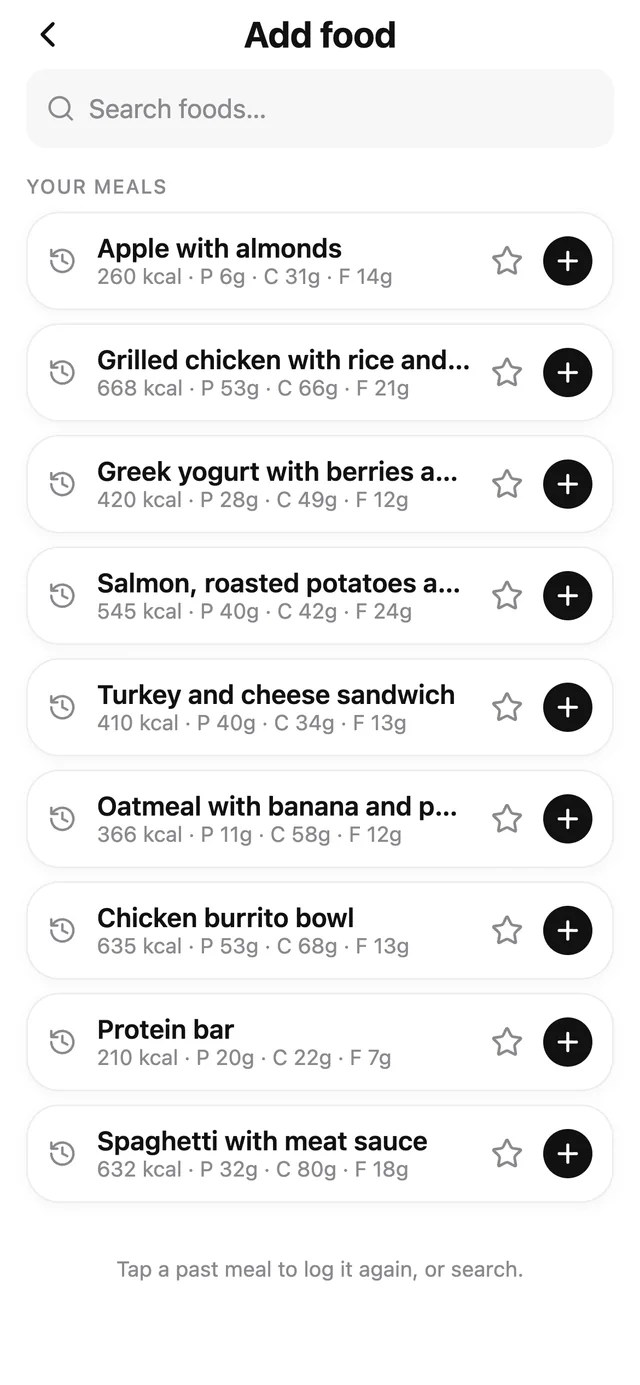 Lettuceburn food search showing favorites, recent meals and search results from the food database