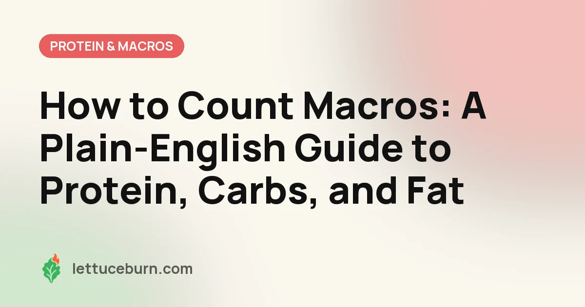 Lettuceburn branded title card on a cream background reading 'How to Count Macros: A Plain-English Guide to Protein, Carbs, and Fat'