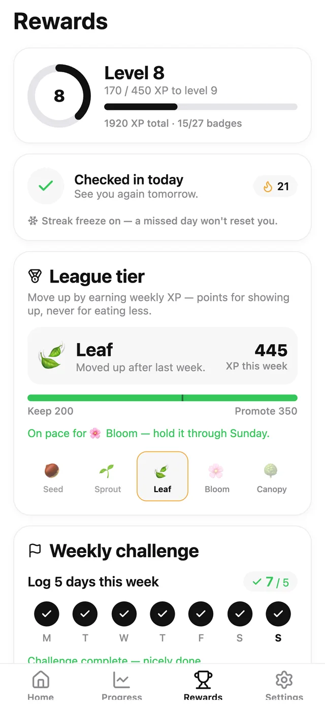 Lettuceburn Rewards tab showing a logging streak, level progress and achievements