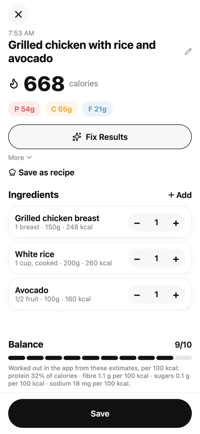 Lettuceburn scan result showing a meal broken into ingredients with grams, calories and macros, and a Fix Results button